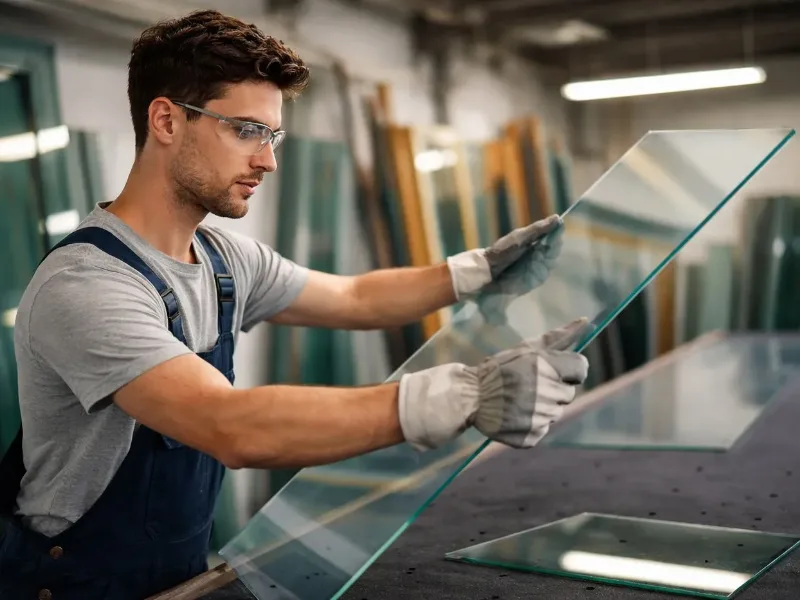 Atelier de vitrier à Evere avec panneaux de verre et outillage professionnel
